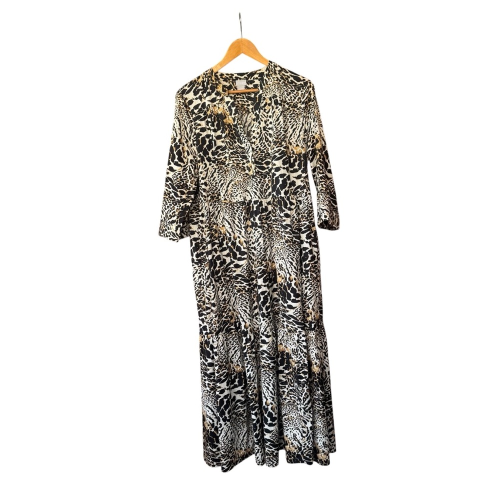 Chicos Tiered Animal Cheetah Print Maxi Dress Size 2 US Size 12 14 Pockets